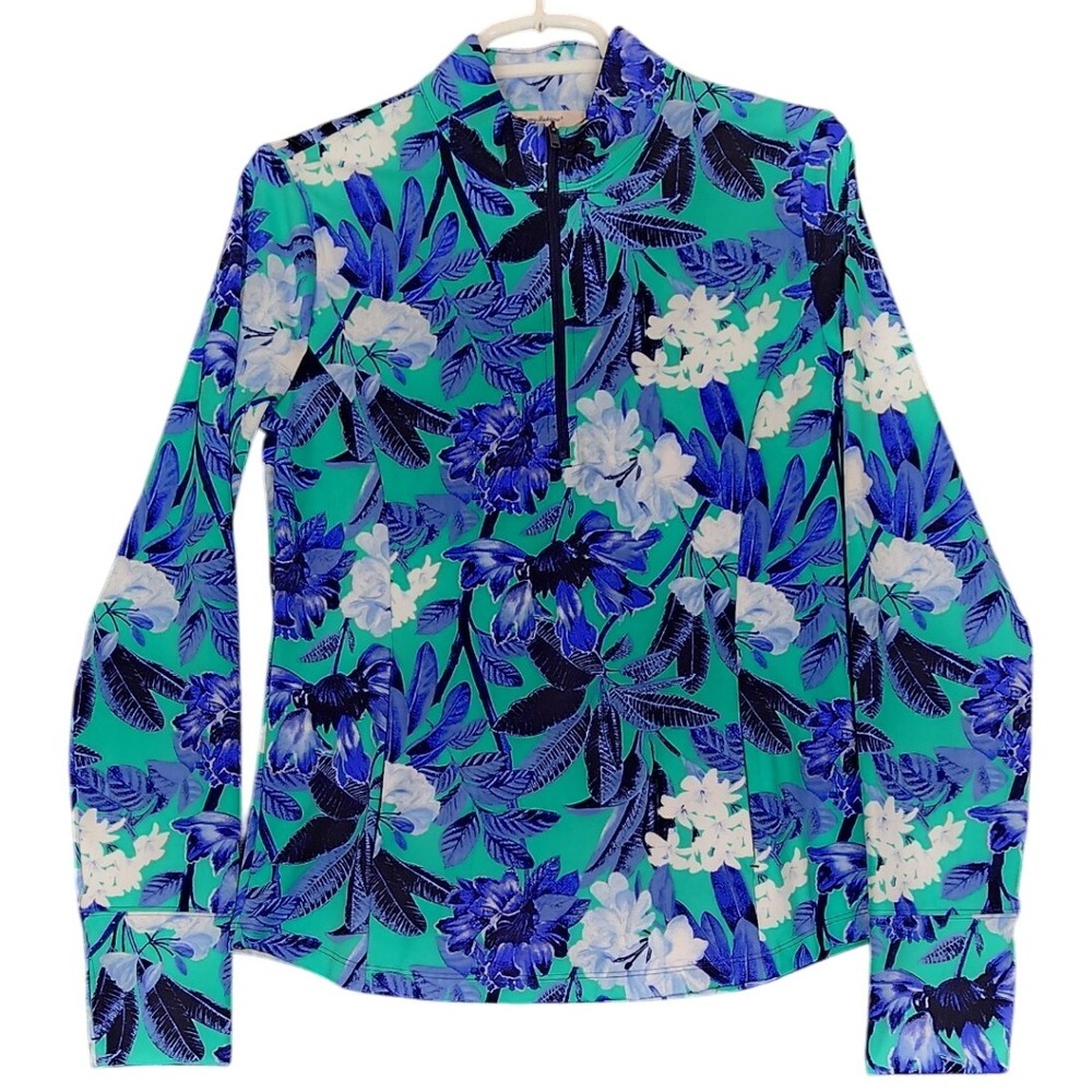 Tommy Bahama Active Floral Quarter‎ Zip Pullover Top Green Blue Women's Medium